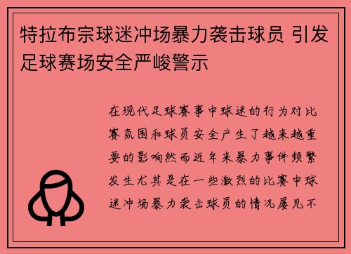 特拉布宗球迷冲场暴力袭击球员 引发足球赛场安全严峻警示